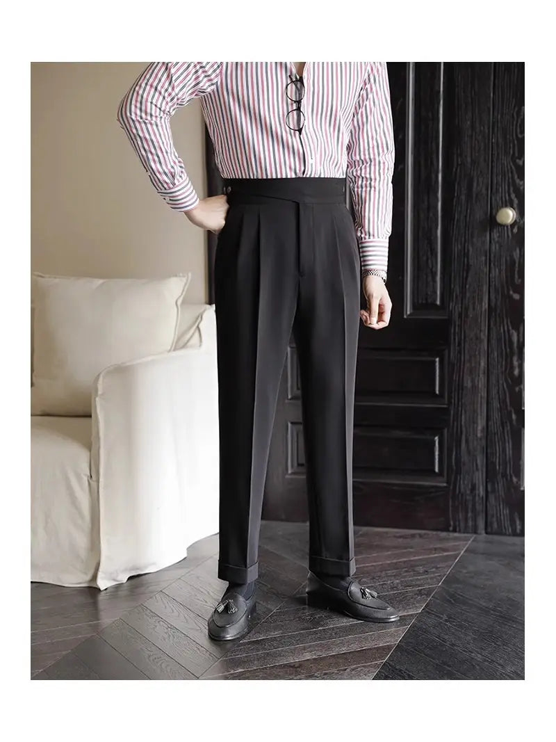Black tailored wool trousers with a sleek straight-leg cut and pleated waistband for men.