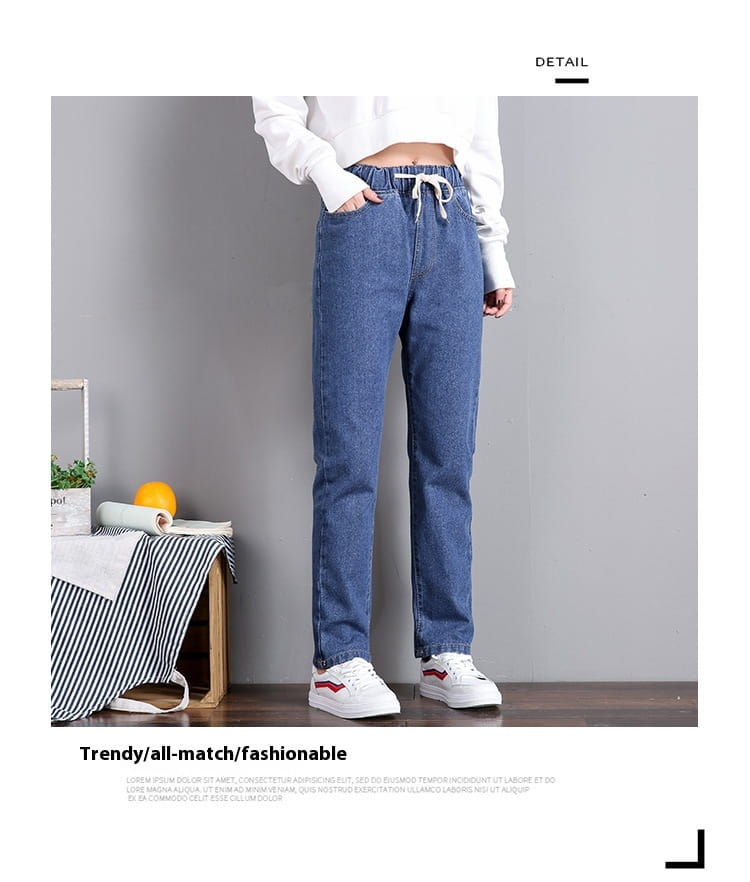 Jean droit taille haute style coréen en denim bleu, avec taille à cordon de serrage.