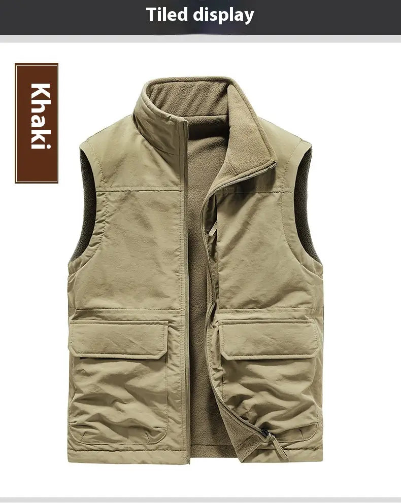 men fleece cargo vest reversible outdoor outerwear in khaki color featuring quilted design, fleece-lined collar, and two front pockets for outdoor use.