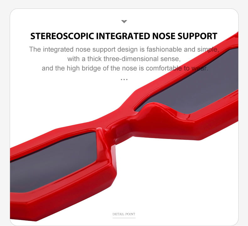 Red-framed modern irregular cat eye UV400 geometric sunglasses with sleek design and dark lenses.