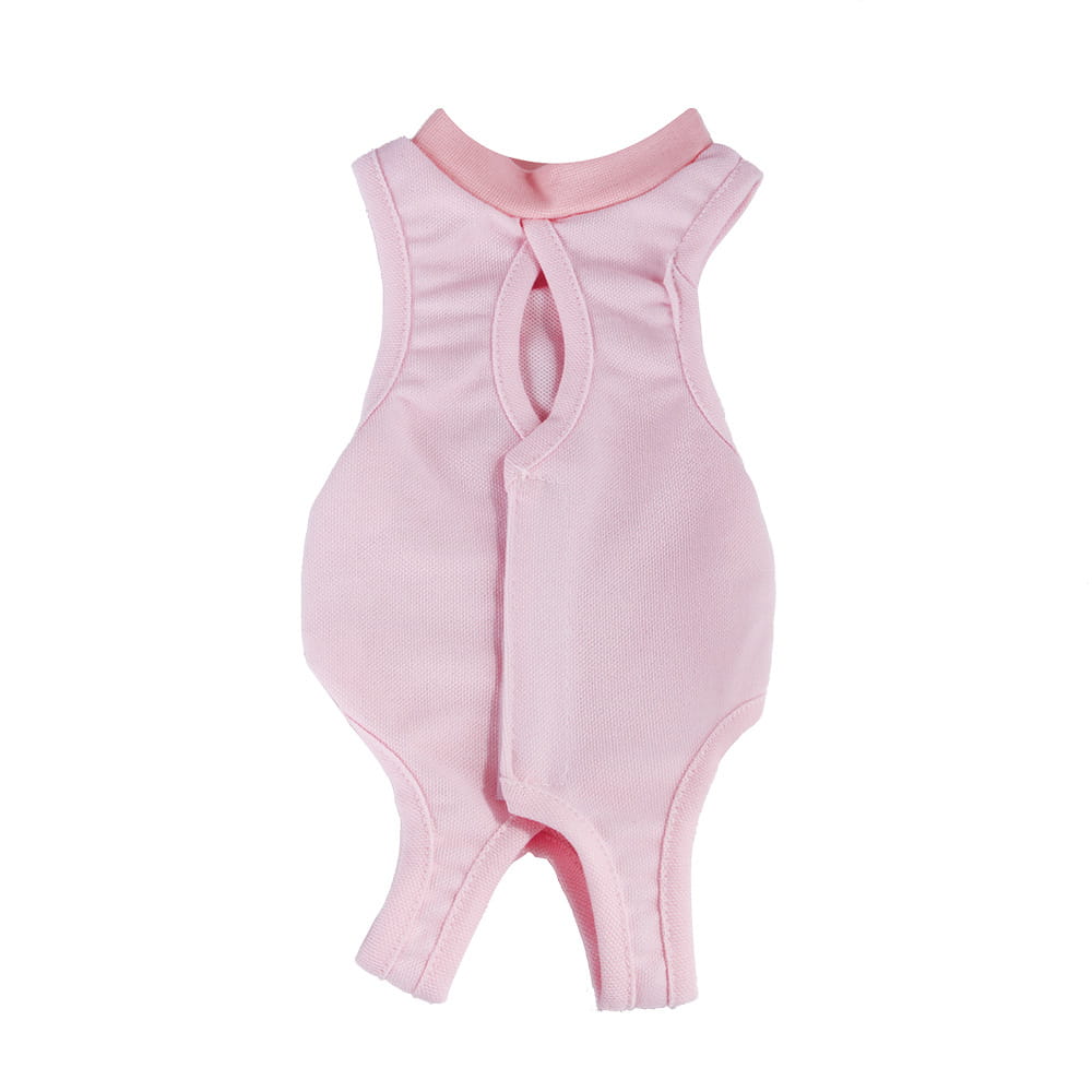 pink ribbed fabric one-piece bodysuit with rounded neckline and leg openings designed as a breathable pet vest for cat sterilization recovery
