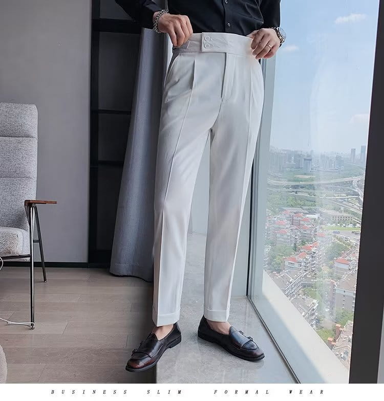 white slim-fit formal trousers with a tailored waistband and two-button closure designed in Korean style for men