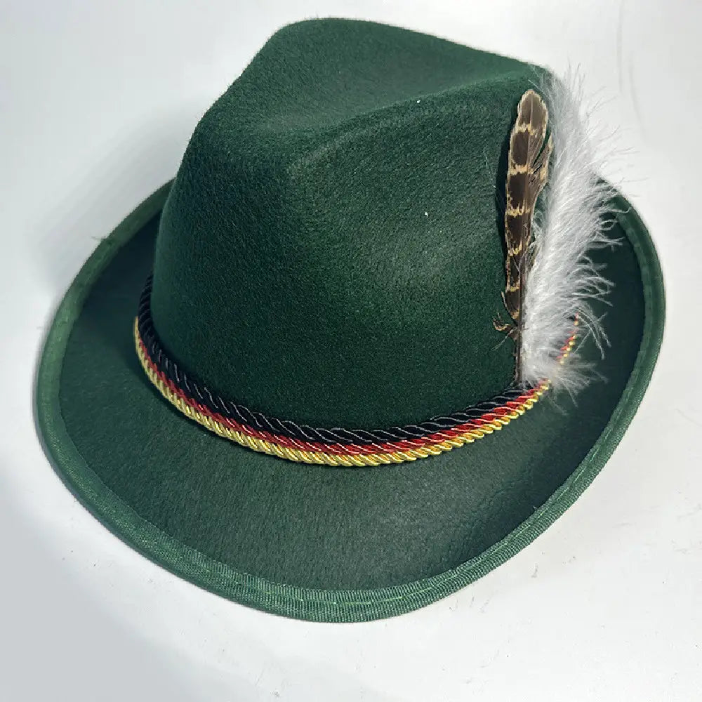 Dark green wool fedora hat for men featuring a braided red yellow and black band and a brown feather with white plumes accent.
