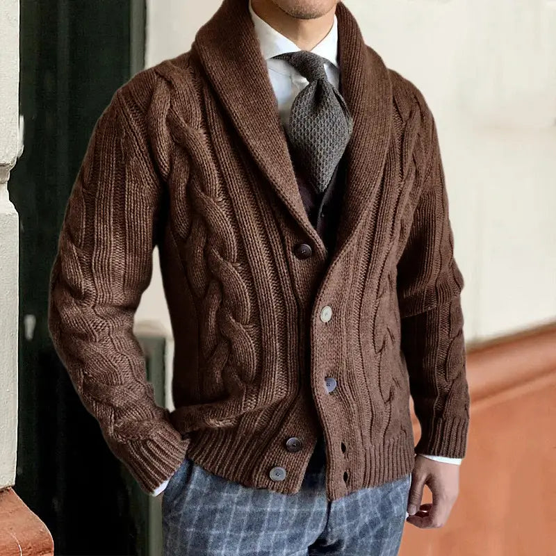 Brauner Cardigan mit Zopfmuster, Schalkragen, für Herren mit passenden Knöpfen und einer strukturierten Strickoptik.