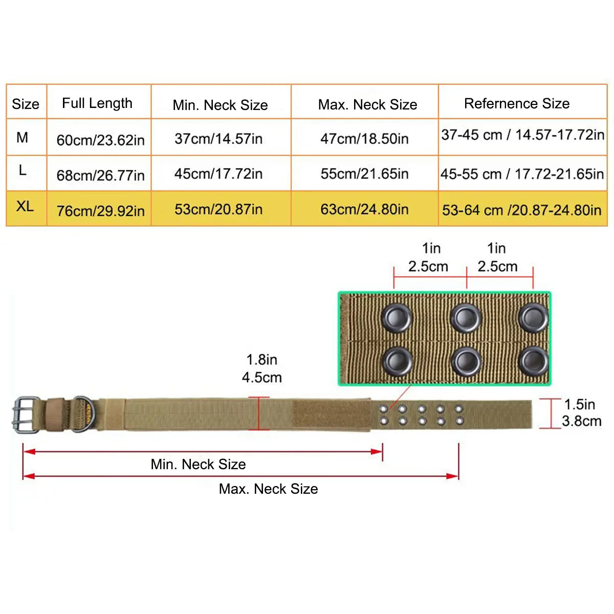 Tan tactical nylon dog collar with adjustable metal buckle and reinforced stitching.