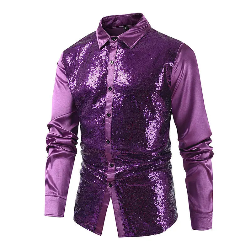 Herren-Slim-Fit-Paillettenkleid für Partys in Lila mit Satinherrensaum und Kragen.