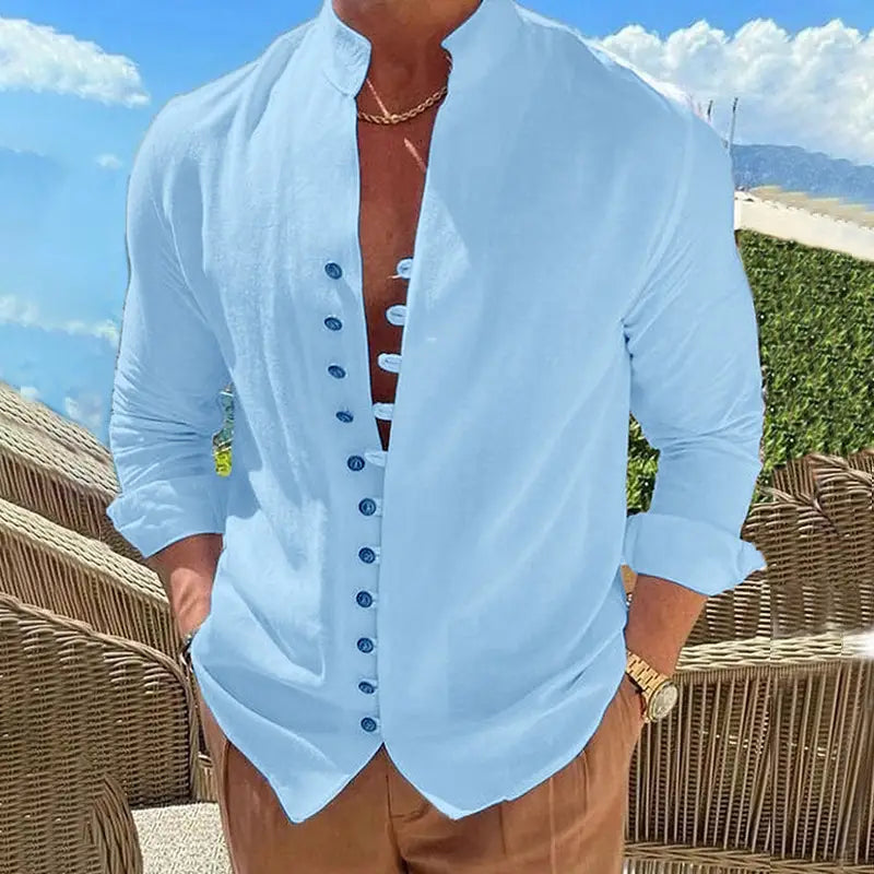 Light blue long-sleeved mandarin collar linen blend wrinkle resistant casual shirt with dark blue buttons.