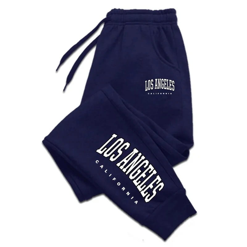 Pantalons de survêtement décontractés bleu marine pour homme, Los Angeles, Californie, avec lettrage blanc à l’avant et sur la jambe.