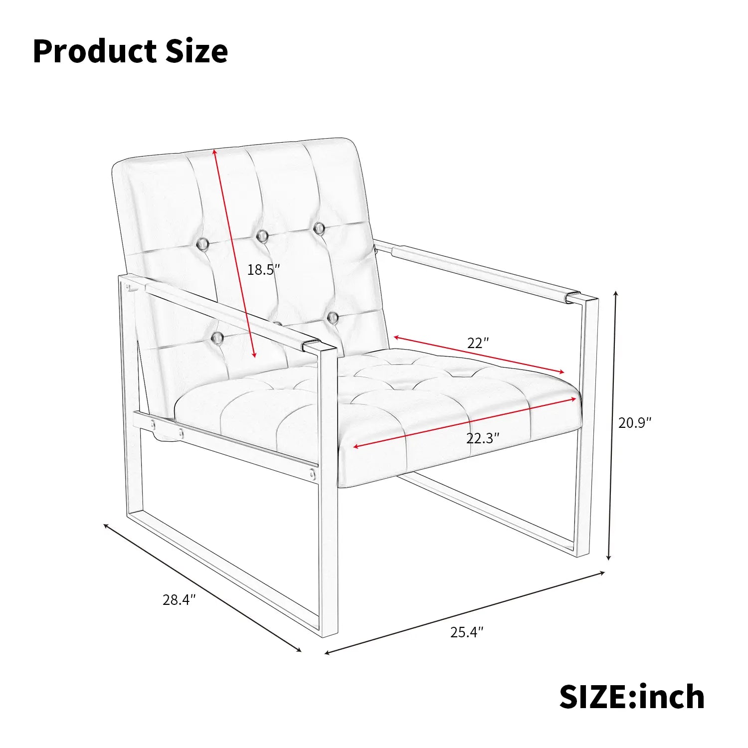Sillón acolchado con botones blanco y brazos con un marco metálico elegante, presentado como un sillón de acento de cuero negro con marco metálico.