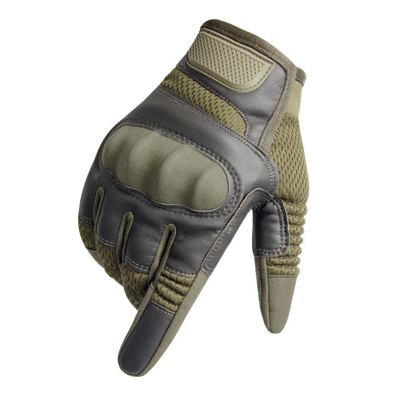 Tactical gloves reinforced tan and dark gray with leather palms, breathable mesh panels on the backhand, and textured grip design shown from the back side.