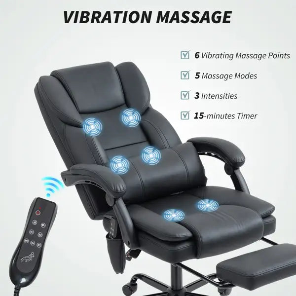 Black leather massage office chair with footrest and high back featuring built-in vibration massage shown from the back side.