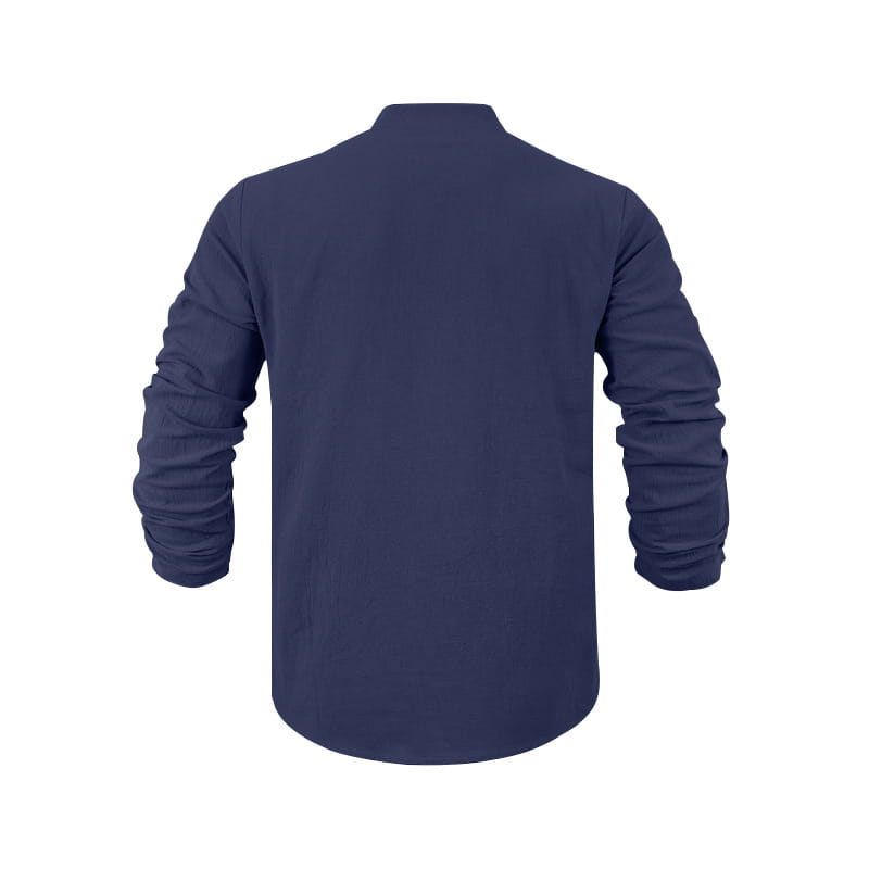 Camisa tipo henley de lino azul marino para hombre, de manga larga y con cuello, diseñada como pulóver informal.
