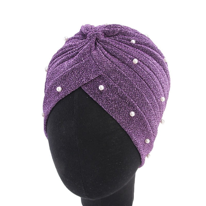 Purple glittery jacquard turban headscarf cap for women adorned with small white pearls.