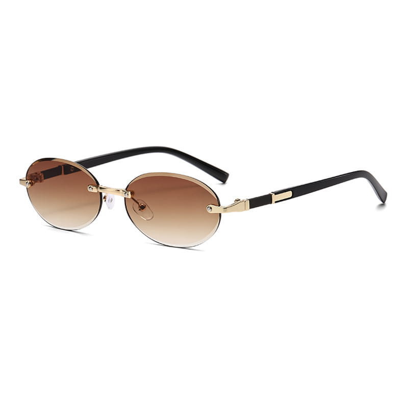 frameless oval uv400 fashion sunglasses feature gold-toned metal frames with black temple arms and gradient brown lenses.