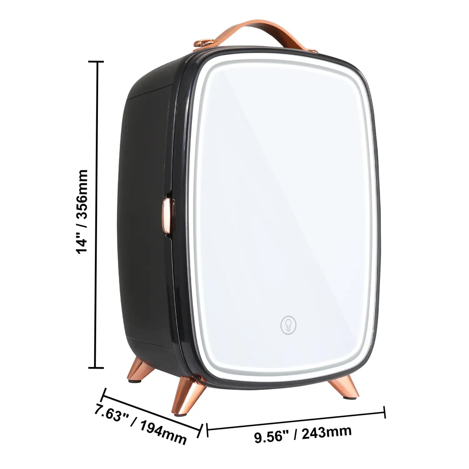 Miroir compact noir et or rose avec poignée et design rectangulaire élégant, présenté dans le réfrigérateur Vevor 6 l pour soins de la peau avec miroir à LED et accents or rose.