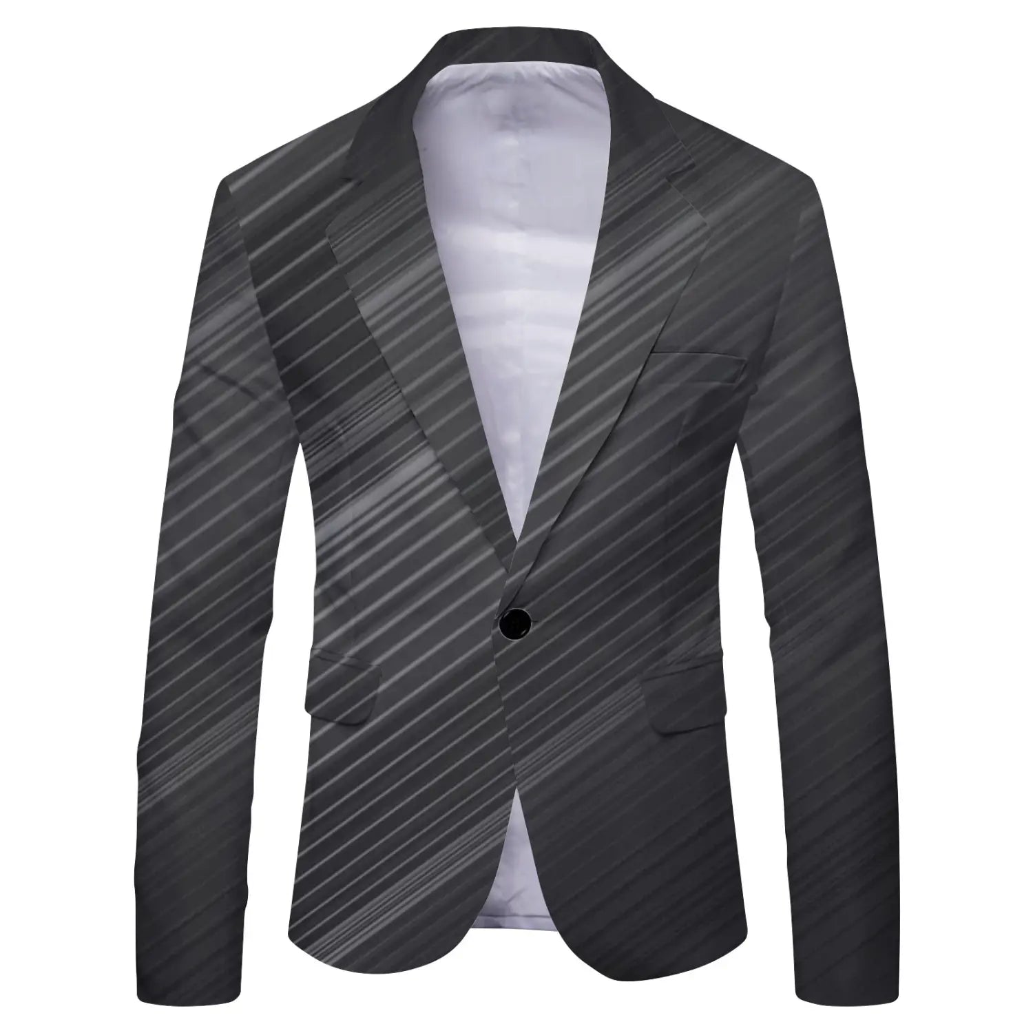 Mens slim fit casual blazer british style suit in black with diagonal gray stripes and white inner lining.