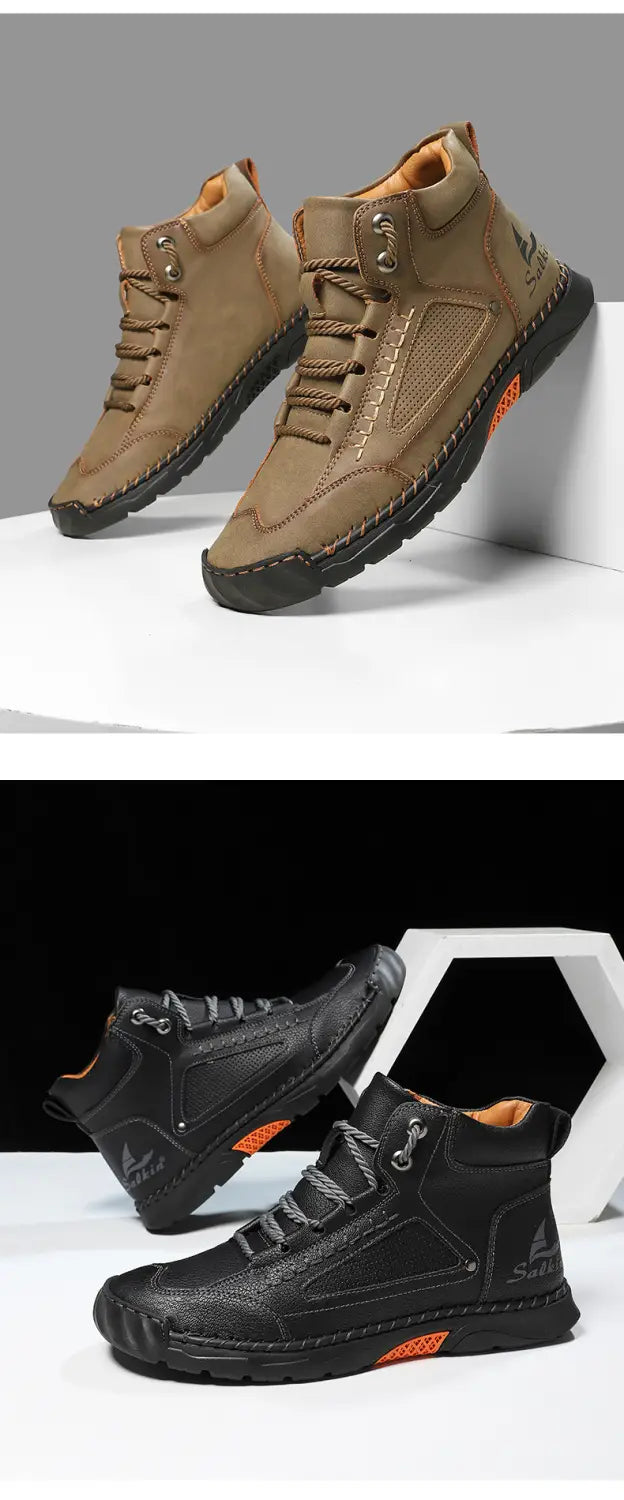 Handgefertigte Schnürstiefeletten aus PU-Leder in Hellbraun und Schwarz mit orangefarbenen Akzenten; mit widerstandsfähigen Lederobermaterialien und robusten Sohlen, die für Wanderungen ausgelegt sind.