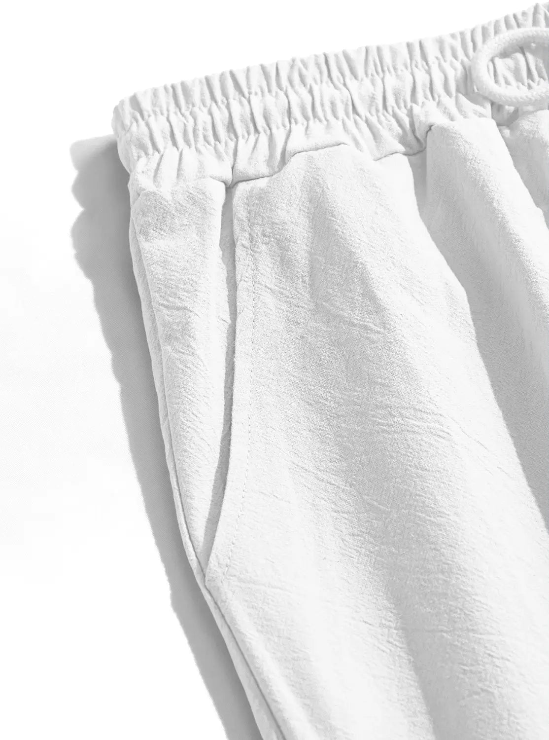 mens cotton linen drawstring shorts in white lightweight cotton featuring an elastic waistband and drawstring for comfort and style