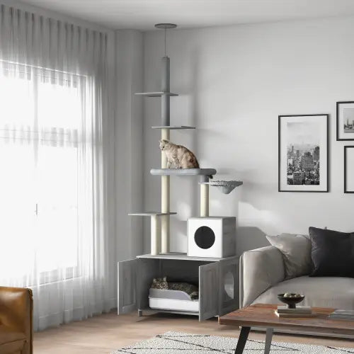 Arbre à chat Pawhut gris à plusieurs niveaux du sol au plafond, avec des poteaux à griffer et un lit pour chat intégré, destiné à enrichir et à assurer le confort de l’animal à l’intérieur.