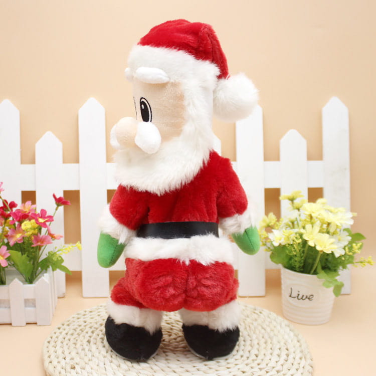 Electric santa claus shaking hips musical toy 46cm plush red and white with green gloves black belt and black boots.