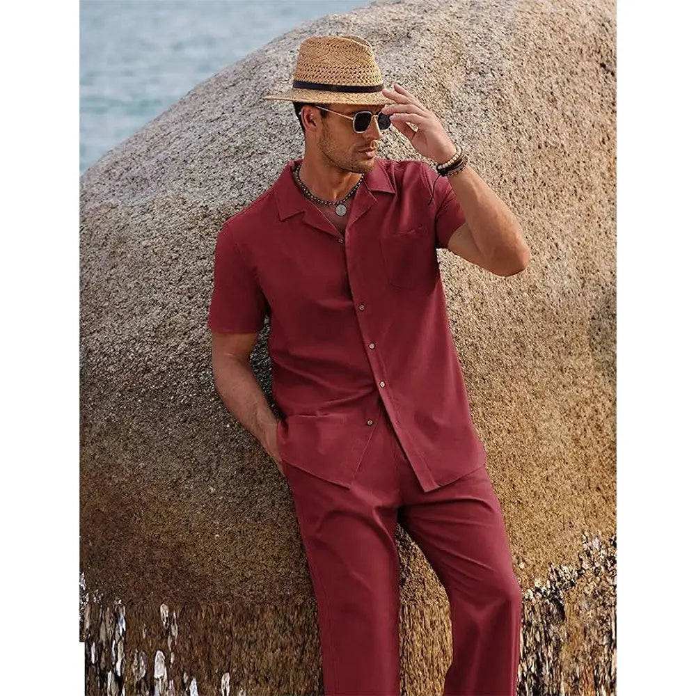 man wearing a rust-colored short sleeve shirt and trousers set made from lightweight fabric designed for casual wear
