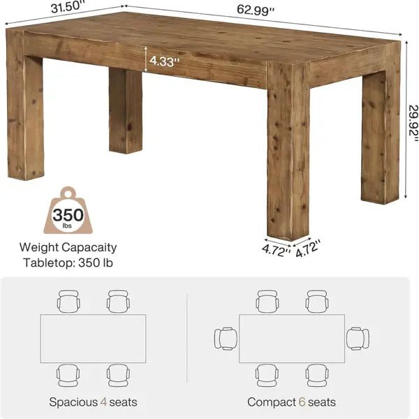 Rustikaler Holztisch für das Esszimmer mit stabilen Beinen und natürlicher Holzoberfläche, dargestellt als massiver Eichenholz-Rustikal-Executive-Schreibtisch mit Schemel 63 Zoll.