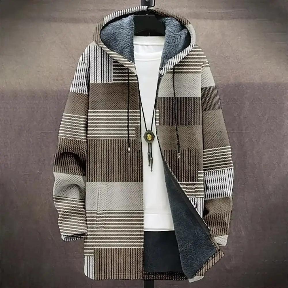 A cozy oversized geometric fleece hooded trench coat with a patchwork design of brown and beige stripes over solid blocks and plush gray fleece lining.
