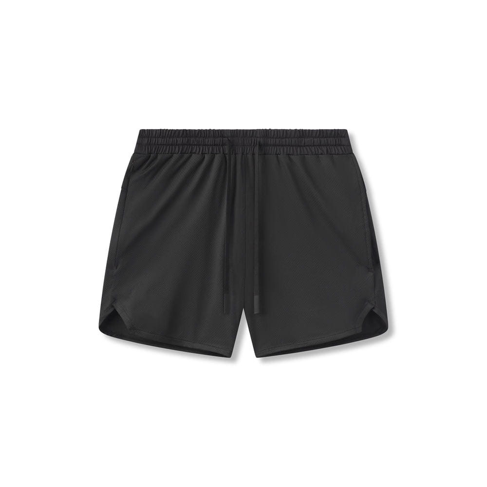 Men quick dry athletic sports shorts in black with an elastic waistband and drawstring made from lightweight fabric.