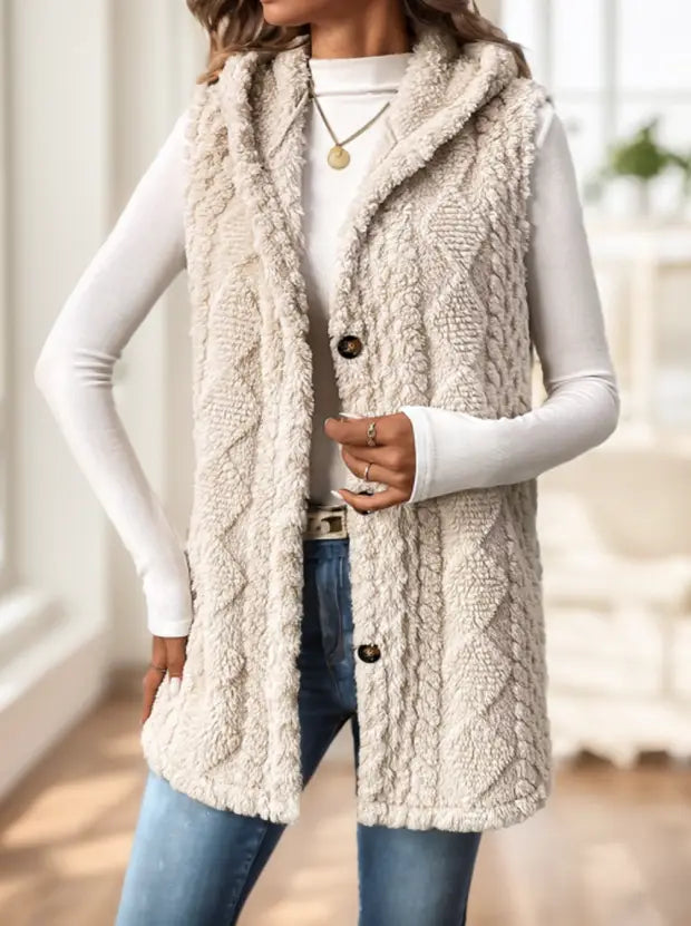 Damen-Strickfleece-Weste mit Kapuze in Cremefarben mit Zopfmuster, Knopfleiste vorne und kuscheligem Fleece-Material.