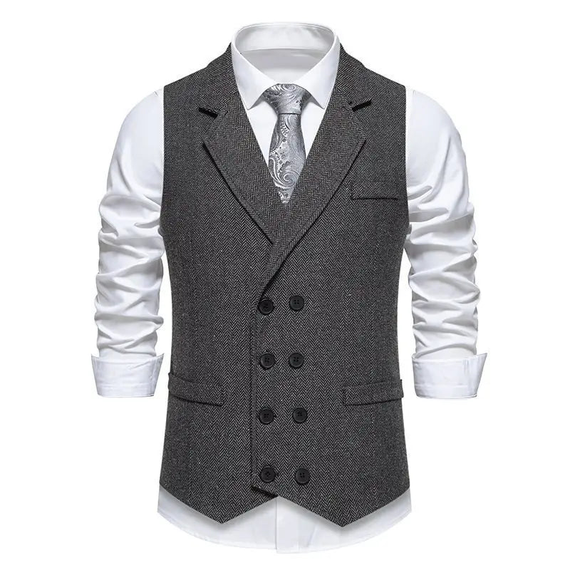 Chaleco de traje tipo sastre doble abotonado de espiga para hombre en gris, con patrón de espiga y botones negros.