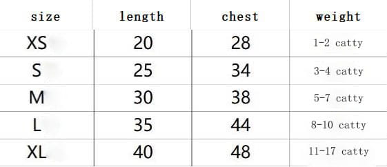 Size chart for dog knitted sweater with bow pet winter apparel showing measurements in centimeters and weight in catty from size xs to xl.
