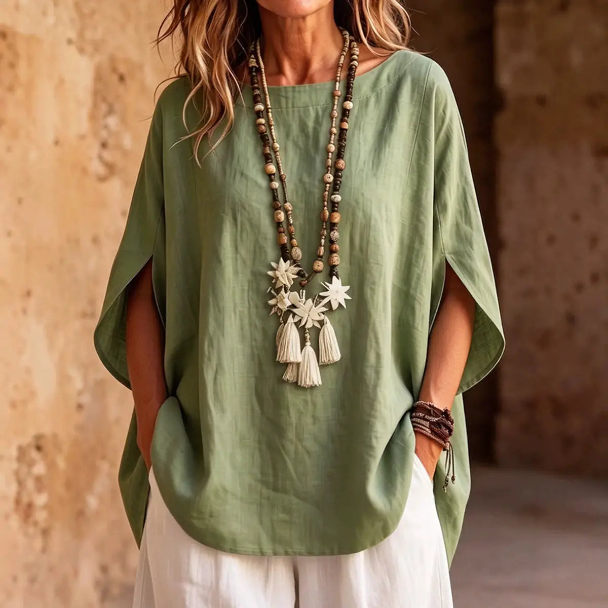 Una blusa tipo capa de lino color verde salvia con caída holgada, mangas murciélago anchas y un corte relajado.