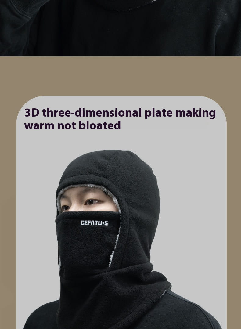 Black defatu-s fleece hooded balaclava winter thermal hat featuring a soft fleece-lined interior and snug 3D contour design.