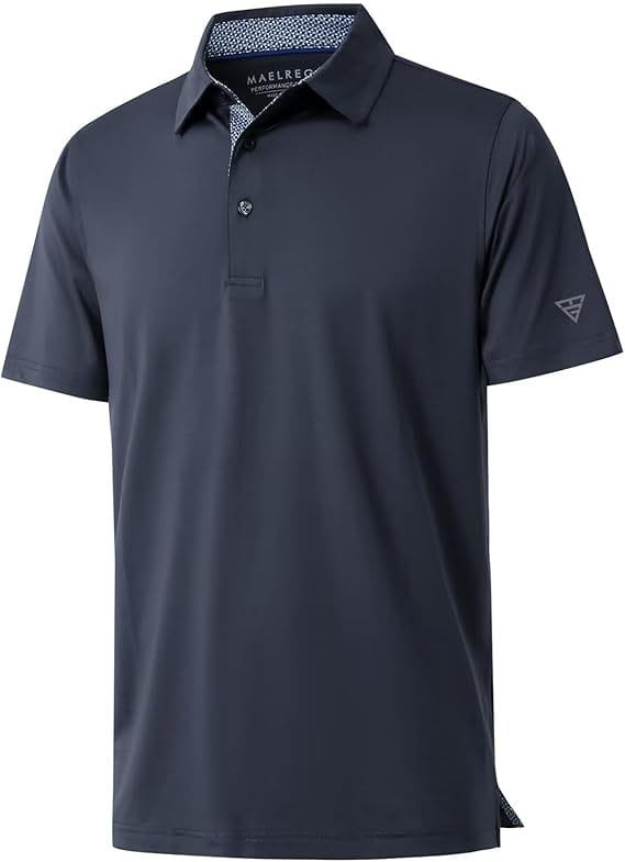 Herren-Golfpolohemd schnell trocknend und atmungsaktiv aus dunkelblauem Maelredo-Stoff mit dezent strukturierter Krageninnenseite und einem kleinen dreieckigen Logo am Ärmel