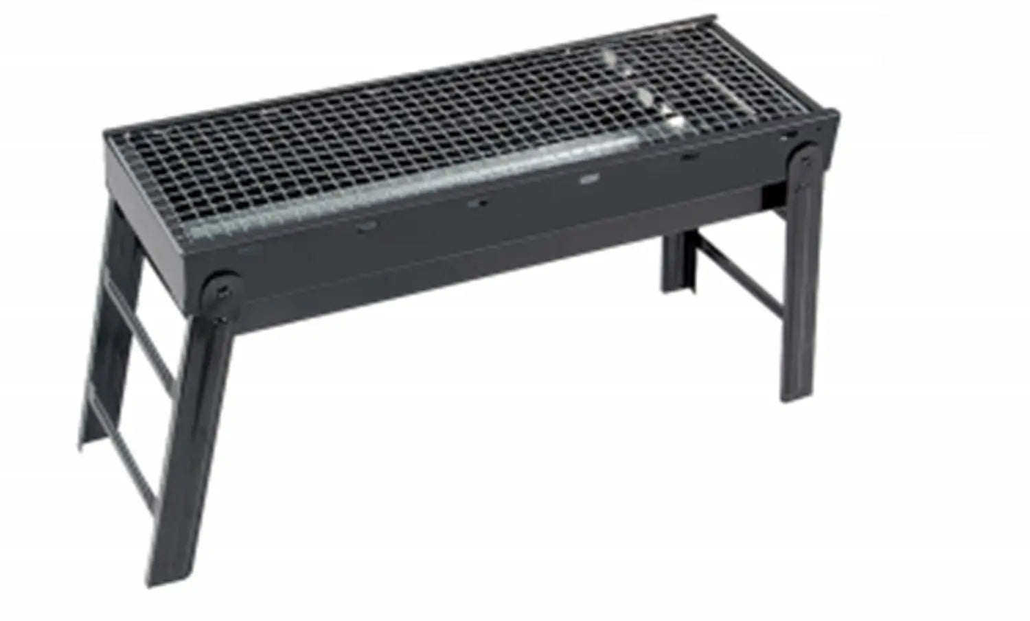 Black metal folding charcoal grill with grid top and side ladder featuring a set of 30 stainless steel skewers.