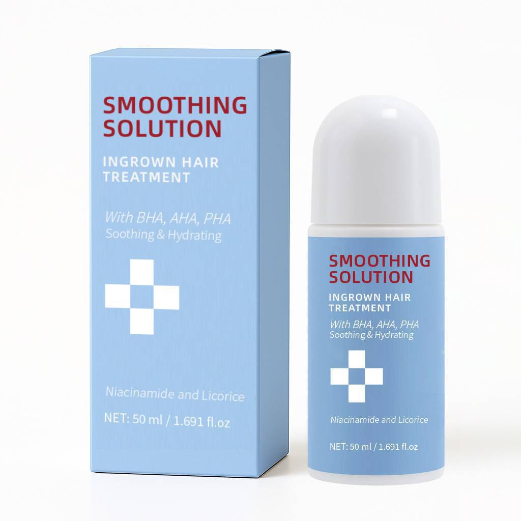 Light blue roll-on bottle of ingrown hair treatment smoothing repair spray 50ml with white cap and label featuring red text.
