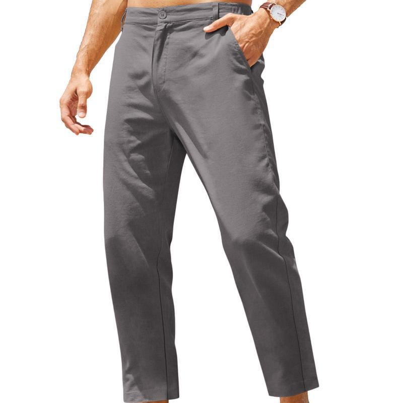 Graue Herren-Cotton-Linen-Freizeit-Hosen mit hohem Stretchanteil mit geradem Beinverlauf und Knopfverschluss
