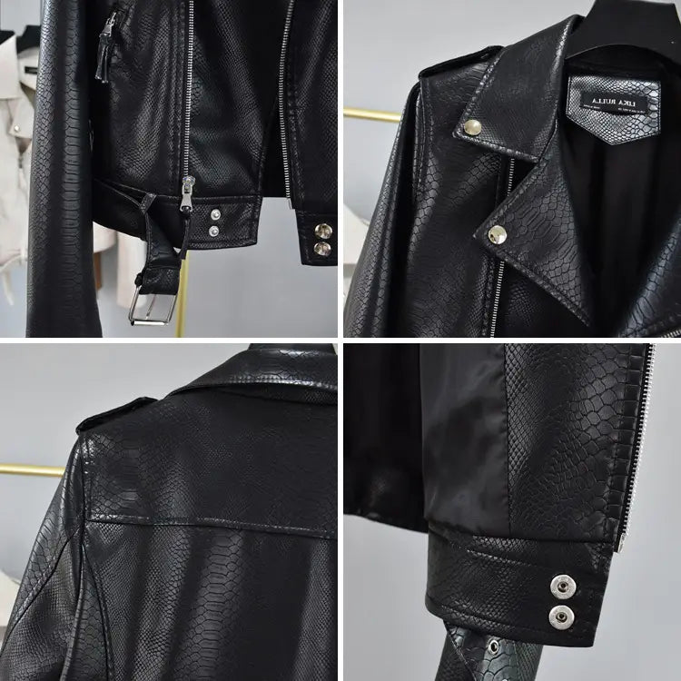 Black cropped biker jacket made of crocodile faux leather with a textured snake skin pattern and silver-toned hardware.