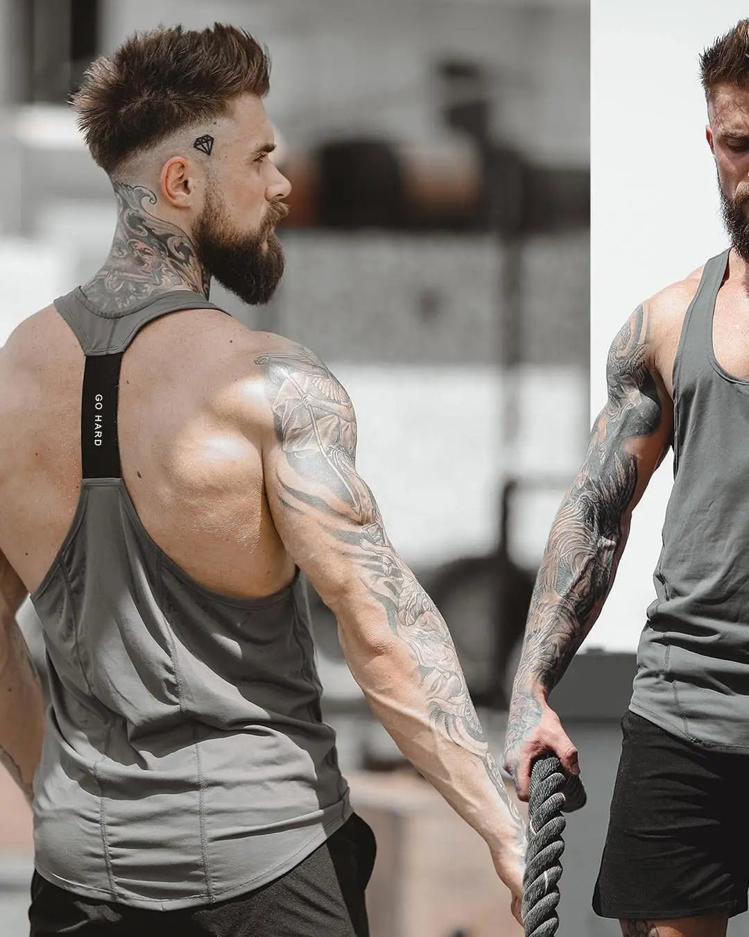 Men’s go hard racerback athletic tank top in gray with black shoulder strap featuring go hard text designed for fitness activities.