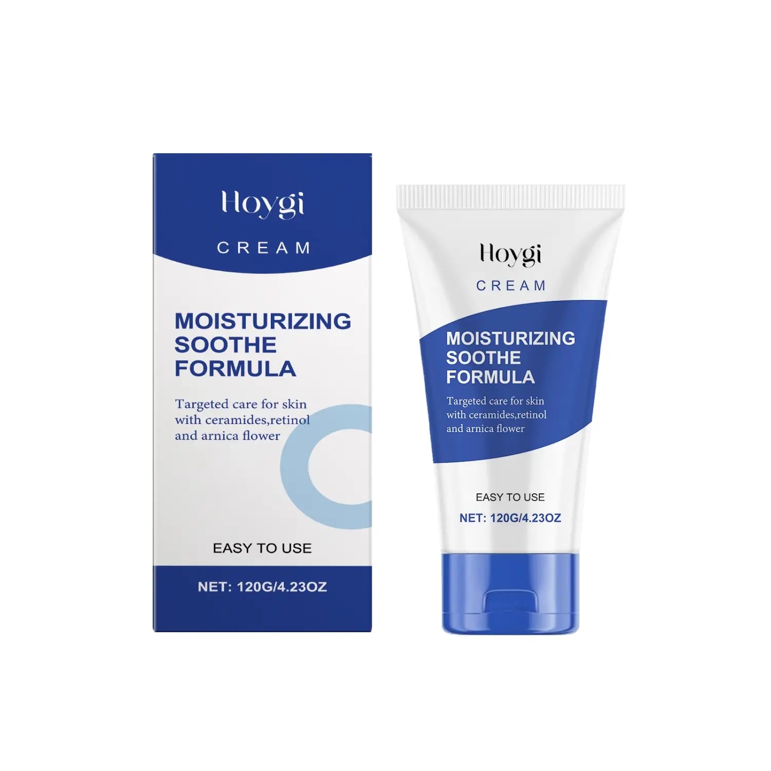 White and blue Hoygi moisturizing soothe formula cream tube with matching box featuring ceramide and retinol 50ml and clear labeling of ingredients.