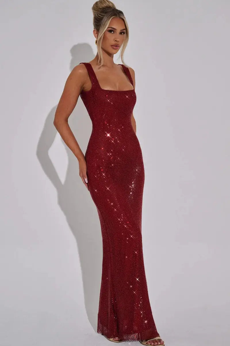 A shimmering red sequined mermaid-style bodycon maxi sling dress with a square neckline and thin straps.