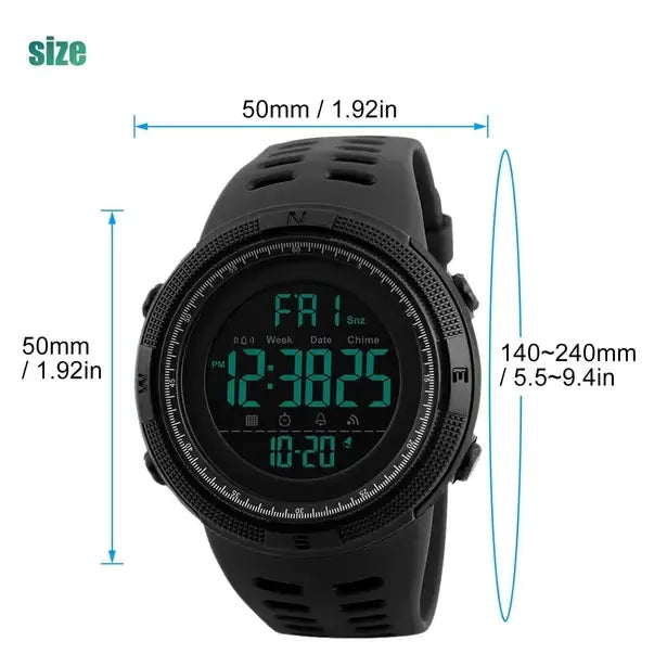 Black Skmei men’s military sport waterproof digital chronograph watch featuring a rugged textured bezel and perforated silicone strap.