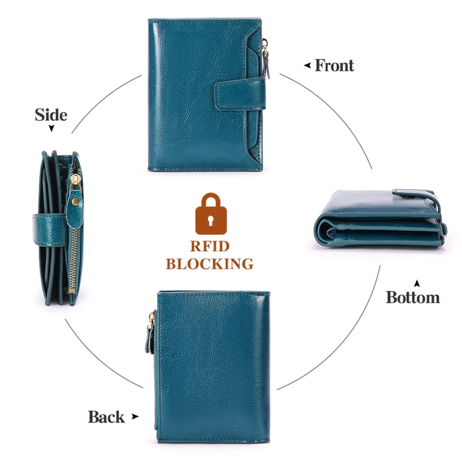 Teal leather RFID wallet with zipper closure and anti theft feature shown from the back side.
