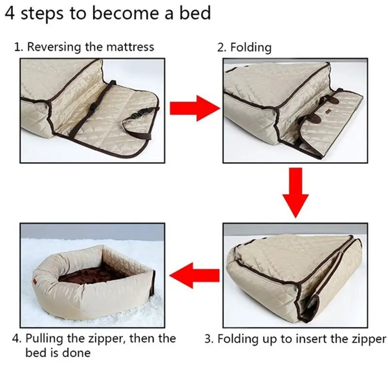 Beige quilted dog car seat bed with dark brown trim and zipper closure featuring waterproof foldable carrier design.