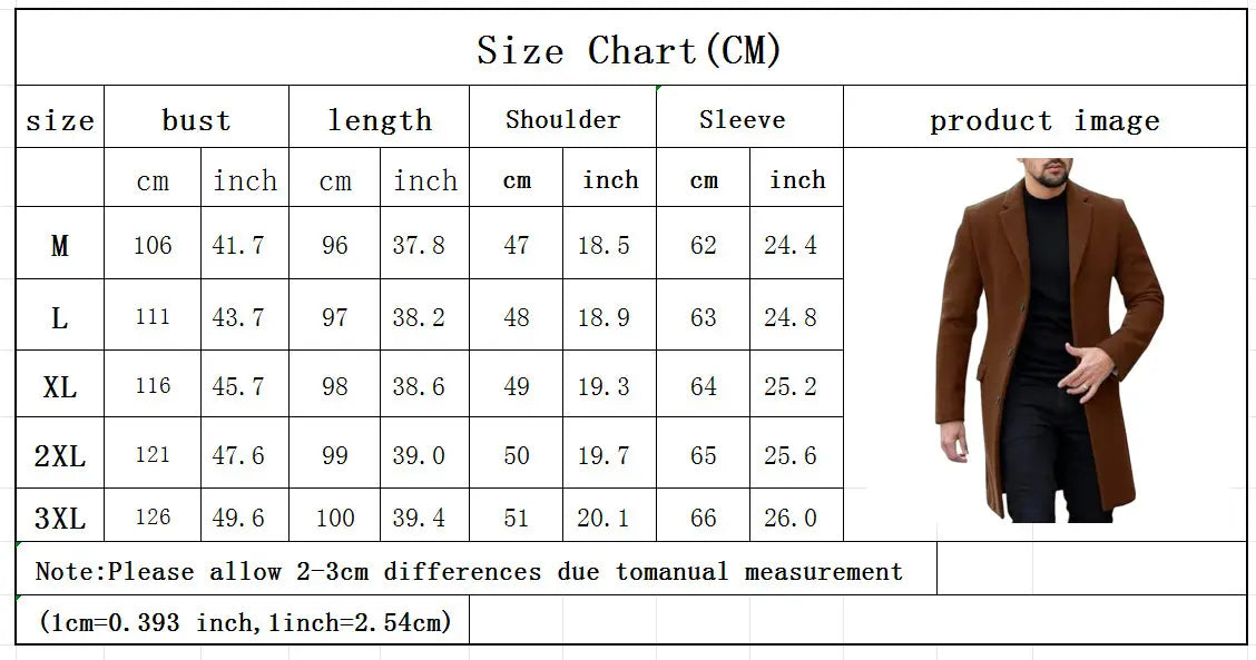 Brown woolen overcoat with a classic collar and tailored fit suitable for men as a single breasted winter jacket.