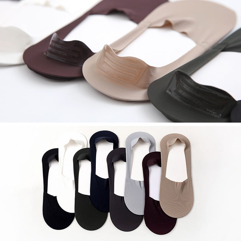 A set of seamless men cotton invisible no show socks in neutral tones including beige black gray and burgundy displayed in a 6 pack.