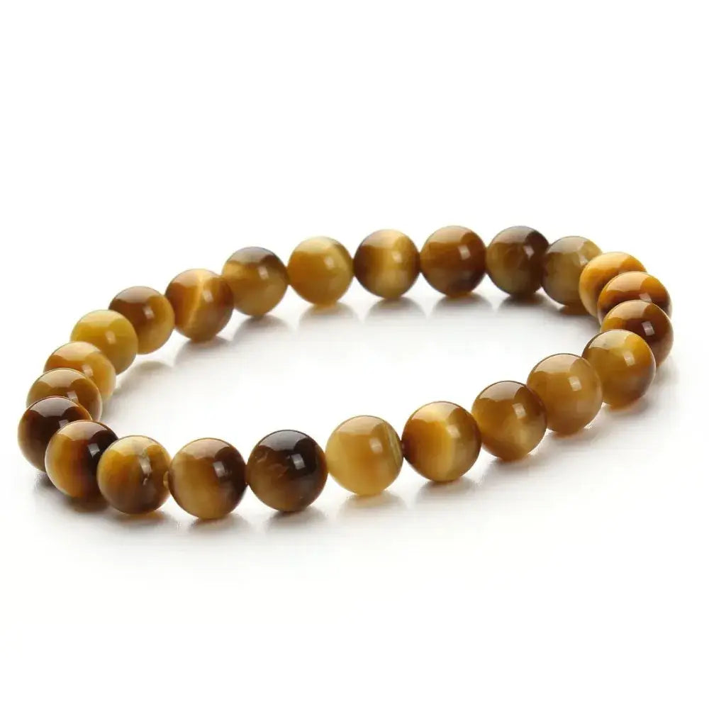 natural polished gemstone and agate beaded bracelet featuring smooth polished tiger eye beads with a warm golden brown hue and natural striped patterns.