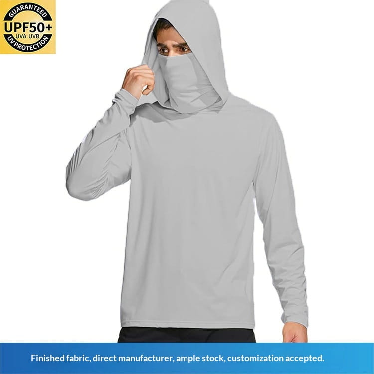 Camisa con capucha de manga larga color gris claro, hecha de seda de hielo, con máscara facial integrada para protección UV en la línea de producto de sudadera con capucha para exteriores de protección solar de seda de hielo