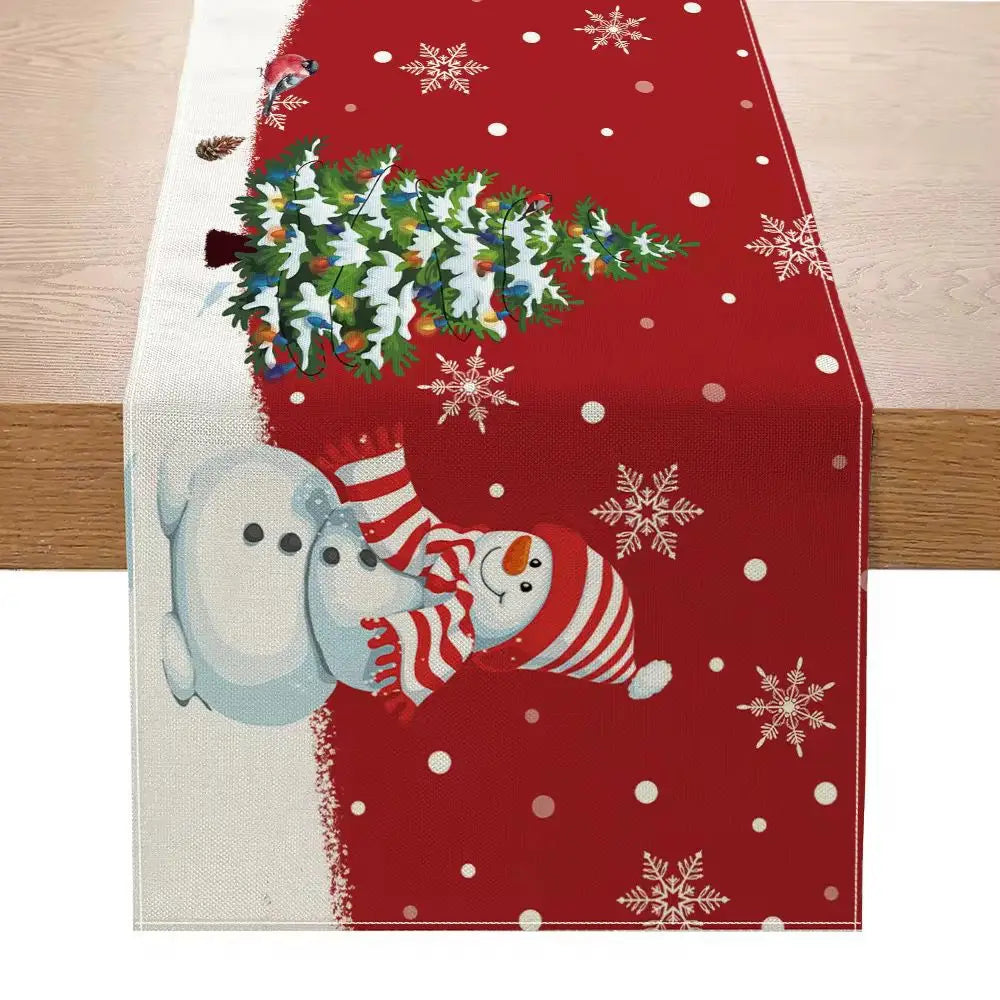 Christmas table runner festive holiday decor 183x33 featuring a red and white design with two snowmen and a decorated evergreen tree.