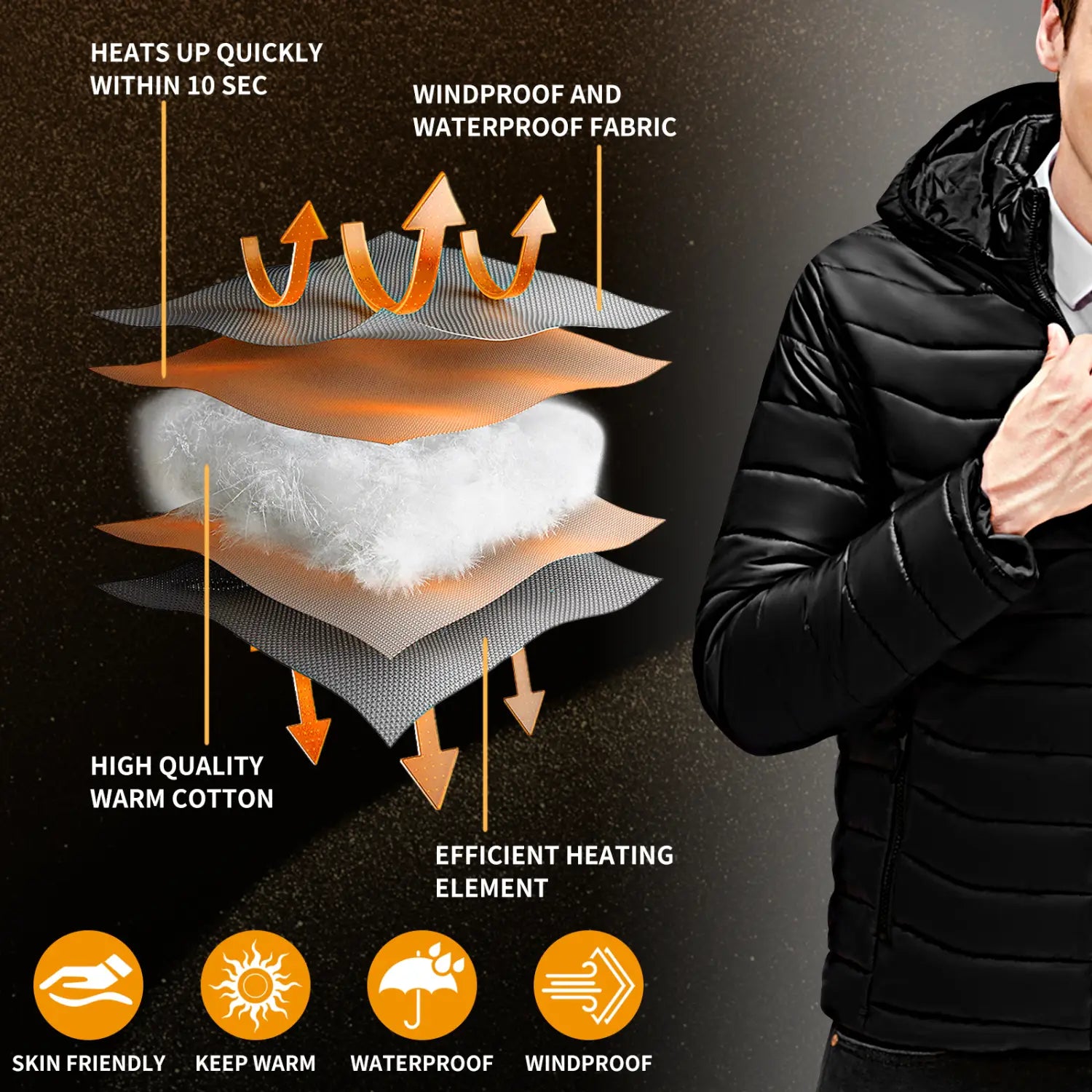 Black quilted unisex 9 zone electric heated hooded puffer jacket with windproof and waterproof fabric layers shown from the back side.
